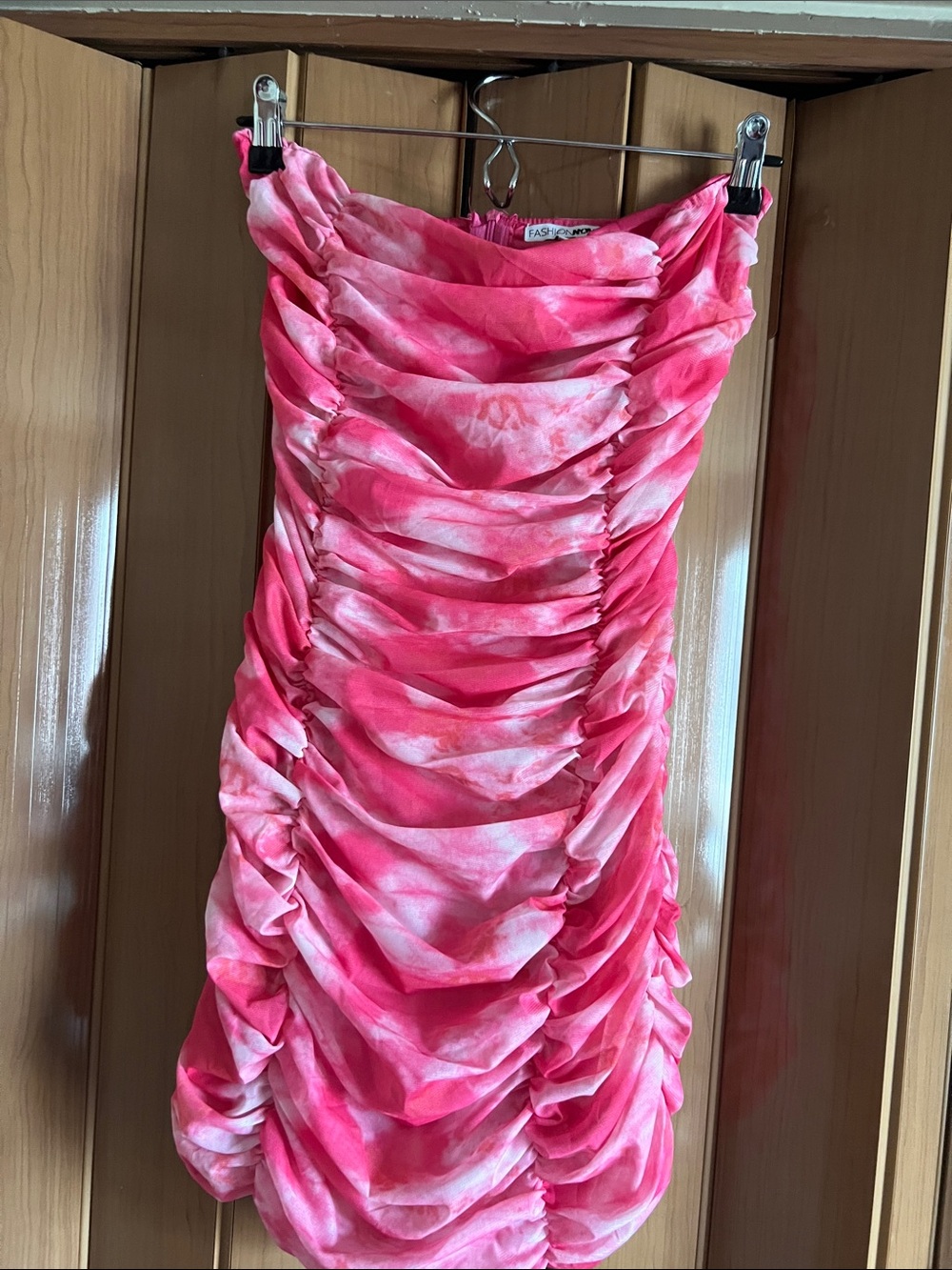 Fashion Nova Pink Ruched Strapless Tie-Dye Dress